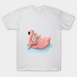 Girl Summer Illustration, Pink Flamingo Floaty T-Shirt